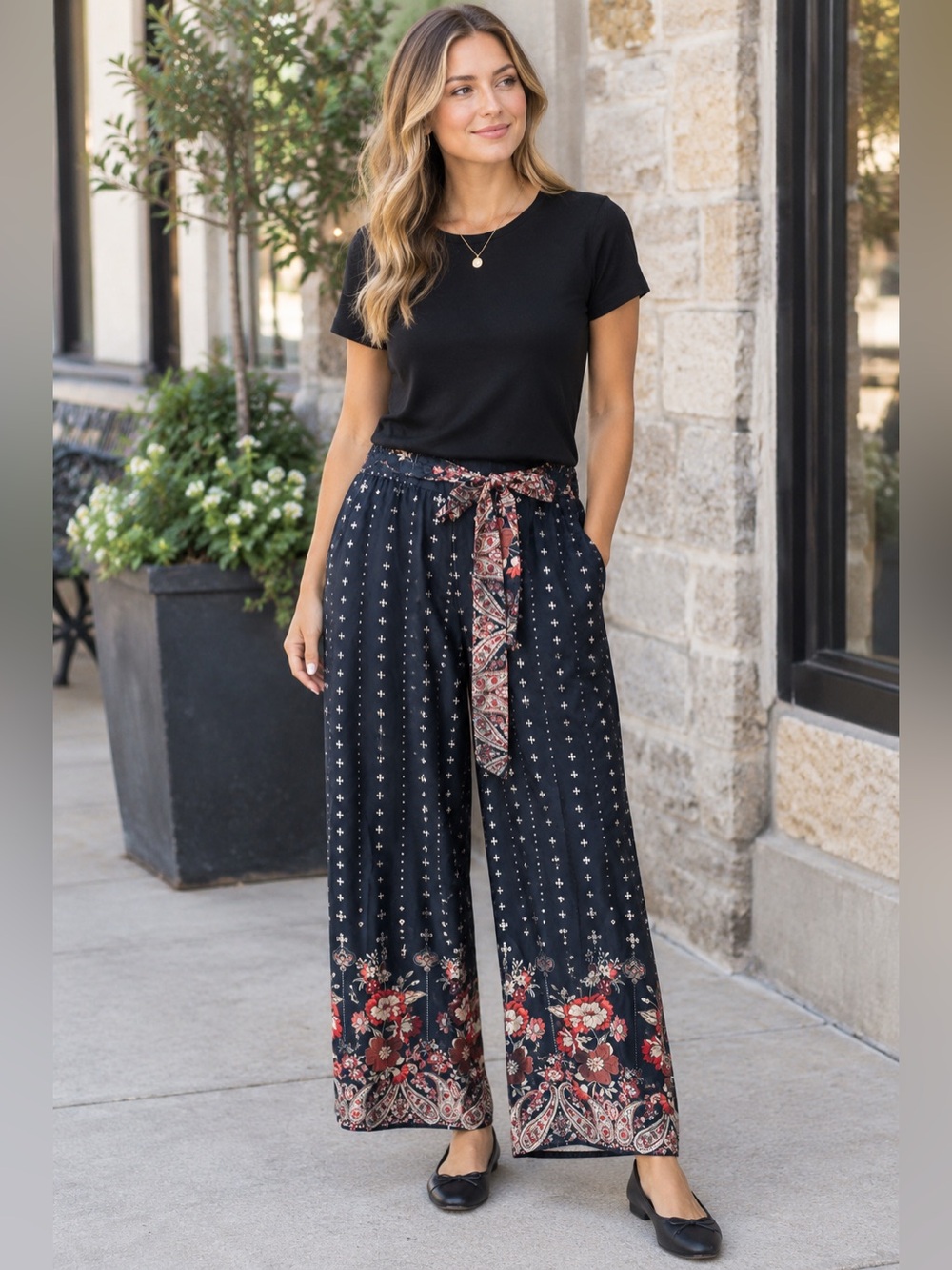 On The Road Black Wide-Leg Satin Floral Tie-Waist Pants